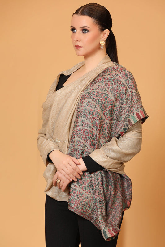 Pashtush India Womens Shawls Pashtush Womens Fine Wool Shawl, Paisley Palla, Woven Design, Natural Beige