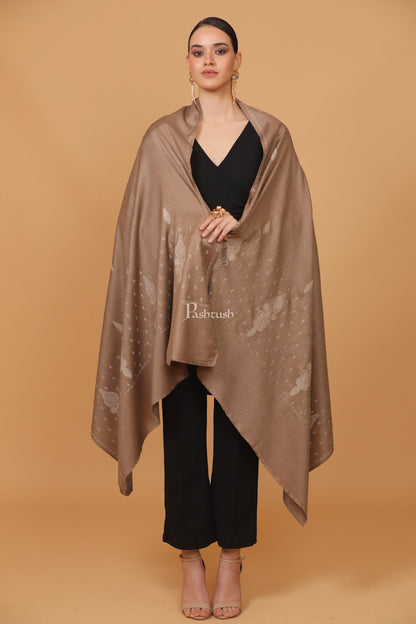 Pashtush India Womens Stoles and Scarves Scarf Pashtush womens Fine Wool shawl, palla embroidery paisley design, Taupe