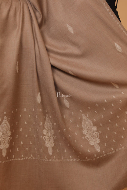 Pashtush India Womens Stoles and Scarves Scarf Pashtush womens Fine Wool shawl, palla embroidery paisley design, Taupe
