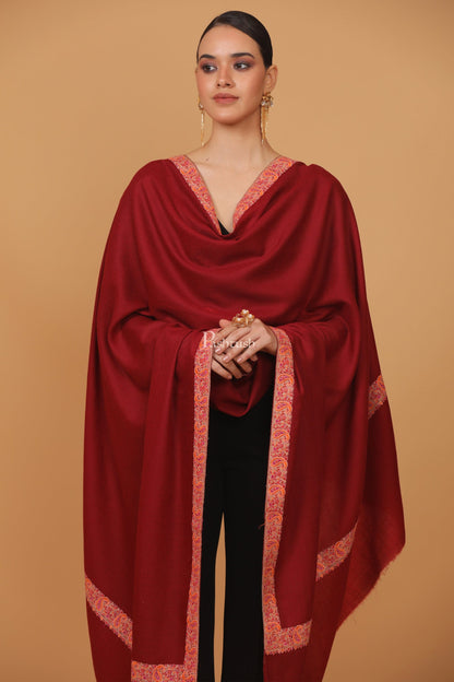 Pashtush India Womens Stoles and Scarves Scarf Pashtush womens Fine Wool shawl, papier mache border design, Maroon
