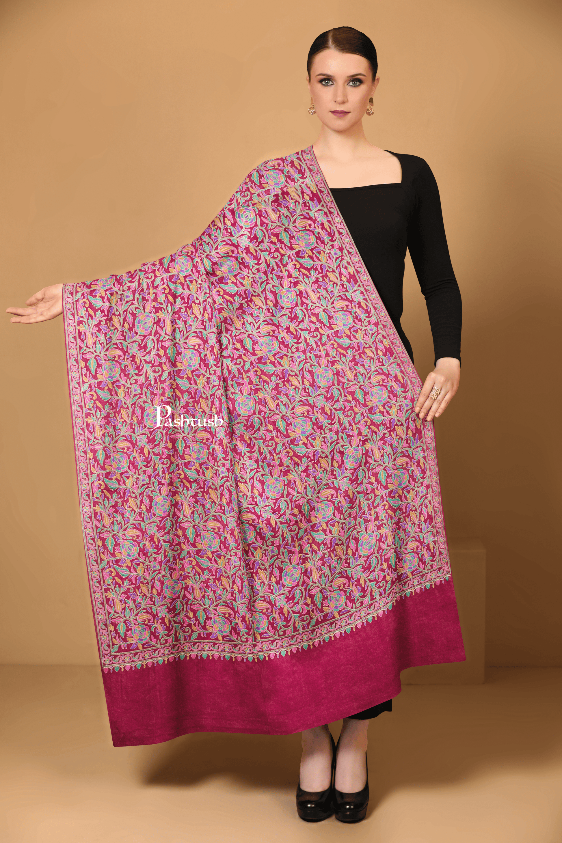 Pashtush India Womens Shawls Pashtush Womens Fine Wool Shawl, Papier Mache Embroidery, Kashmiri Jaal Design, Maroon