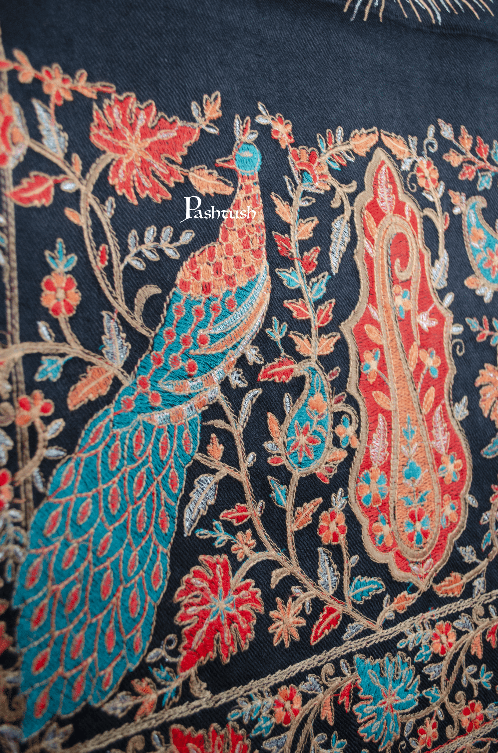 Pashtush India Womens Shawls Pashtush Womens Fine Wool Shawl, Papier Mache Embroidery, Kashmiri Palla Design, Black