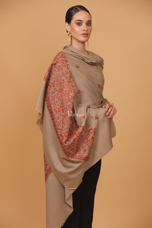 Pashtush India Womens Stoles and Scarves Scarf Pashtush womens Fine Wool shawl, papier mache palla design, Beige