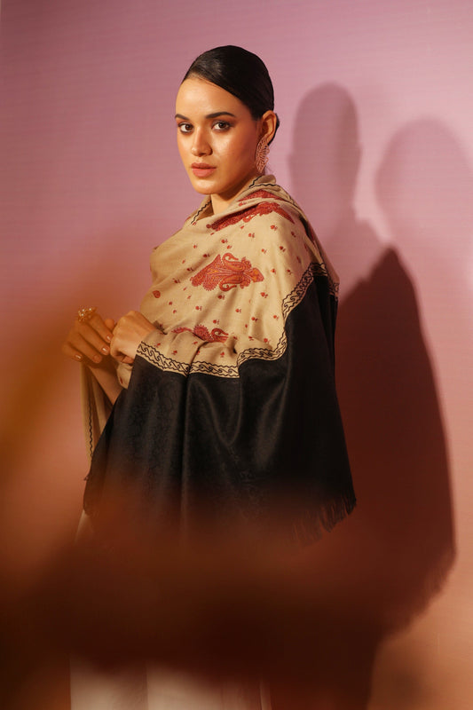 Pashtush India Womens Stoles and Scarves Scarf Pashtush womens Fine Wool shawl, pasiley design, Beige And Black