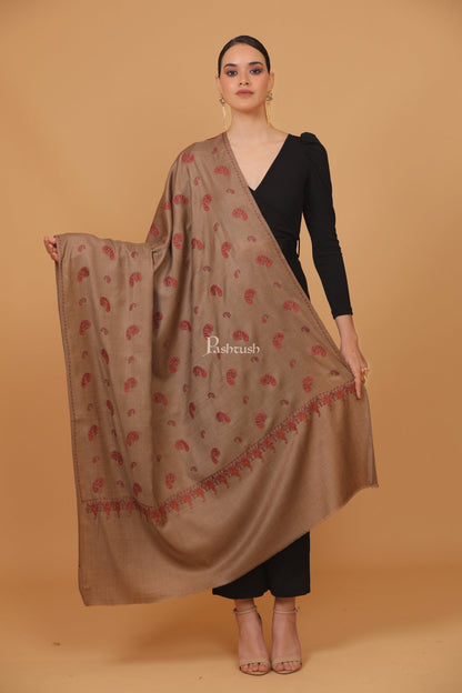 Pashtush India Womens Stoles and Scarves Scarf Pashtush womens Fine Wool shawl, pasiley design, Taupe