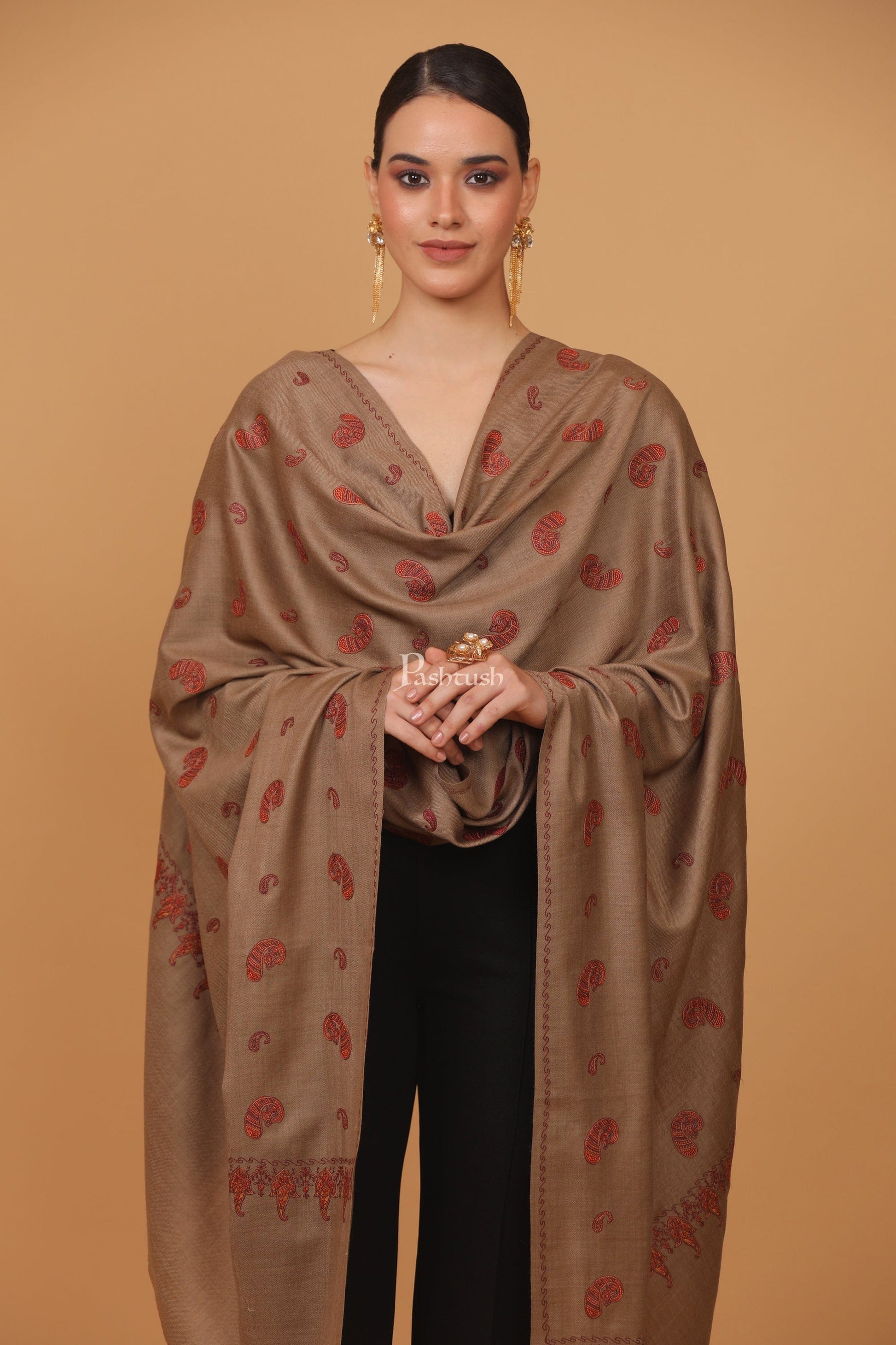Pashtush India Womens Stoles and Scarves Scarf Pashtush womens Fine Wool shawl, pasiley design, Taupe