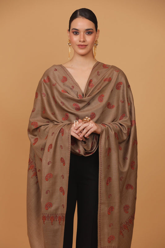 Pashtush India Womens Stoles and Scarves Scarf Pashtush womens Fine Wool shawl, pasiley design, Taupe