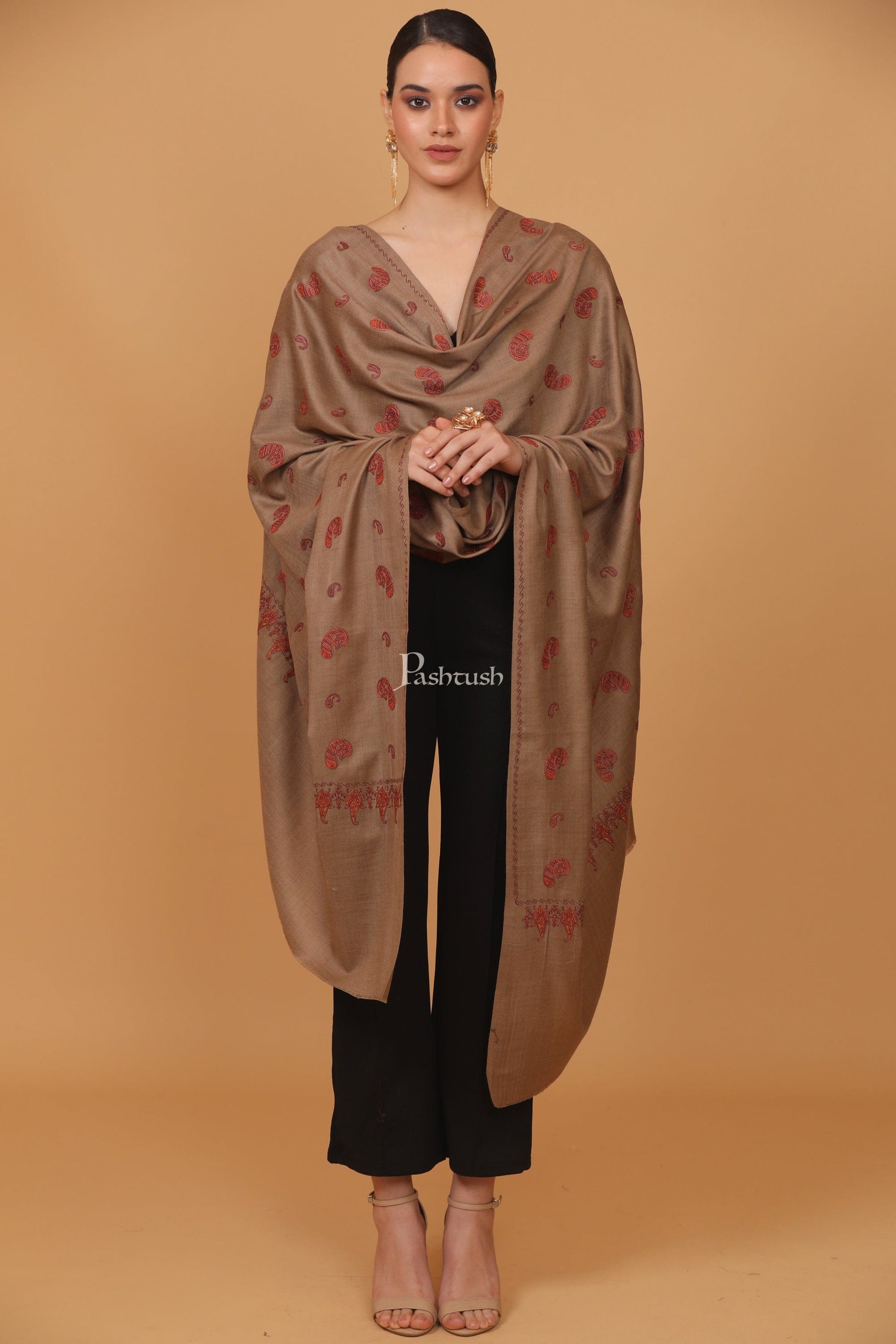 Pashtush India Womens Stoles and Scarves Scarf Pashtush womens Fine Wool shawl, pasiley design, Taupe
