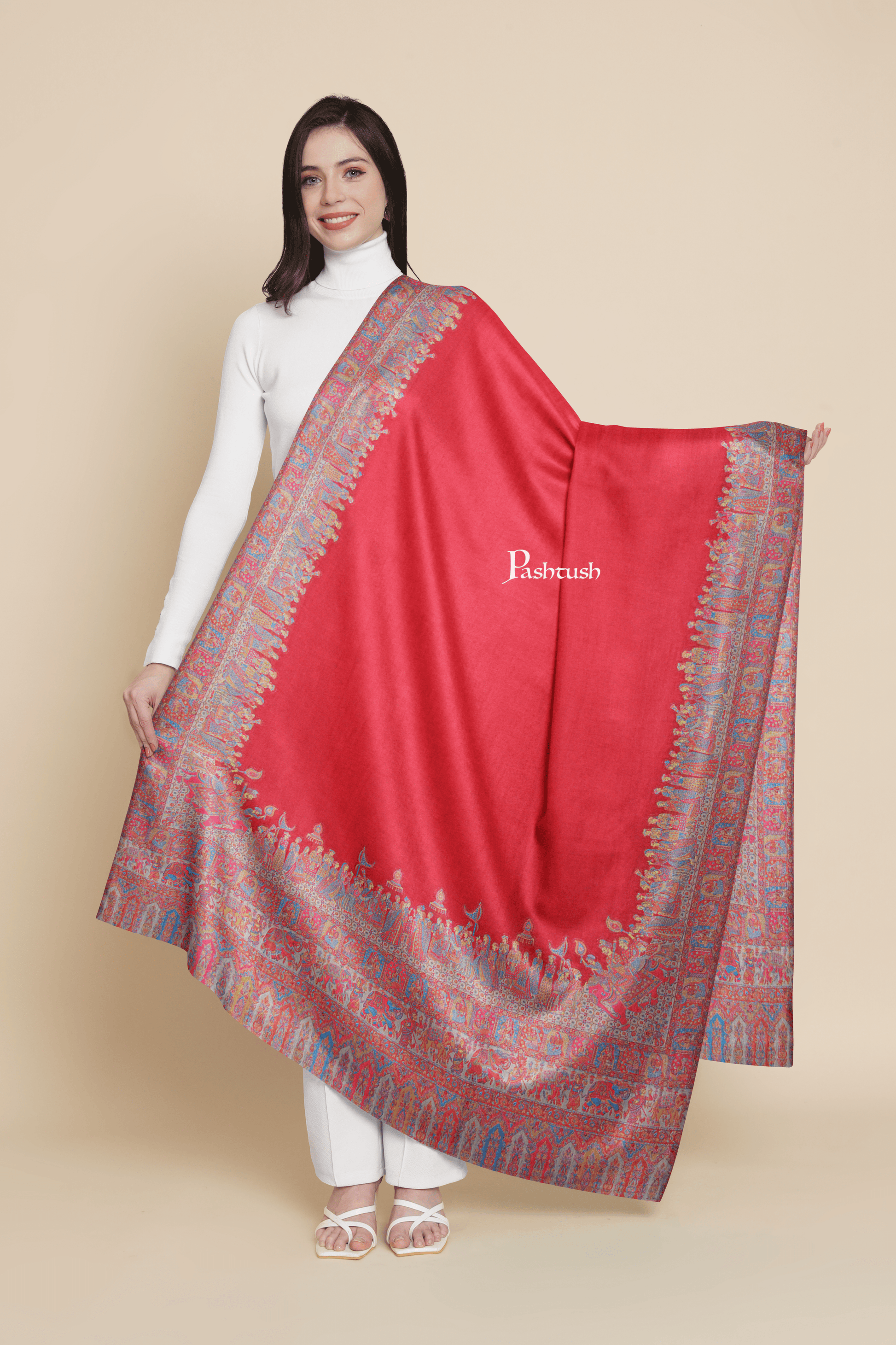 Pashtush India Womens Shawls Pashtush Womens Fine Wool Shawl, Royal Darbar Palla, Woven Design, Red And Beige
