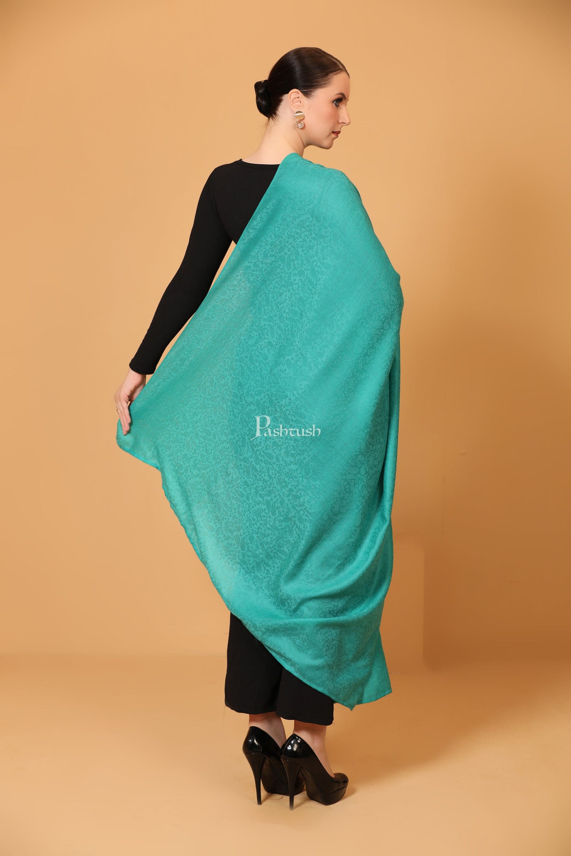 Pashtush India Womens Shawls Pashtush Womens Fine Wool Shawl, Self Paisley Weave, Extra Soft, Warm and Light, Arabic Green