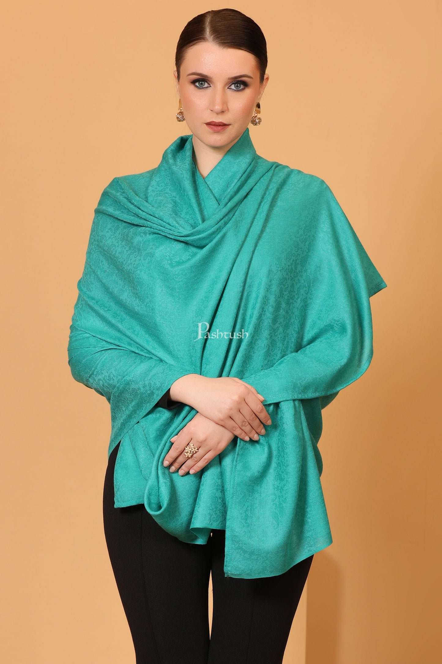 Pashtush India Womens Shawls Pashtush Womens Fine Wool Shawl, Self Paisley Weave, Extra Soft, Warm and Light, Arabic Green
