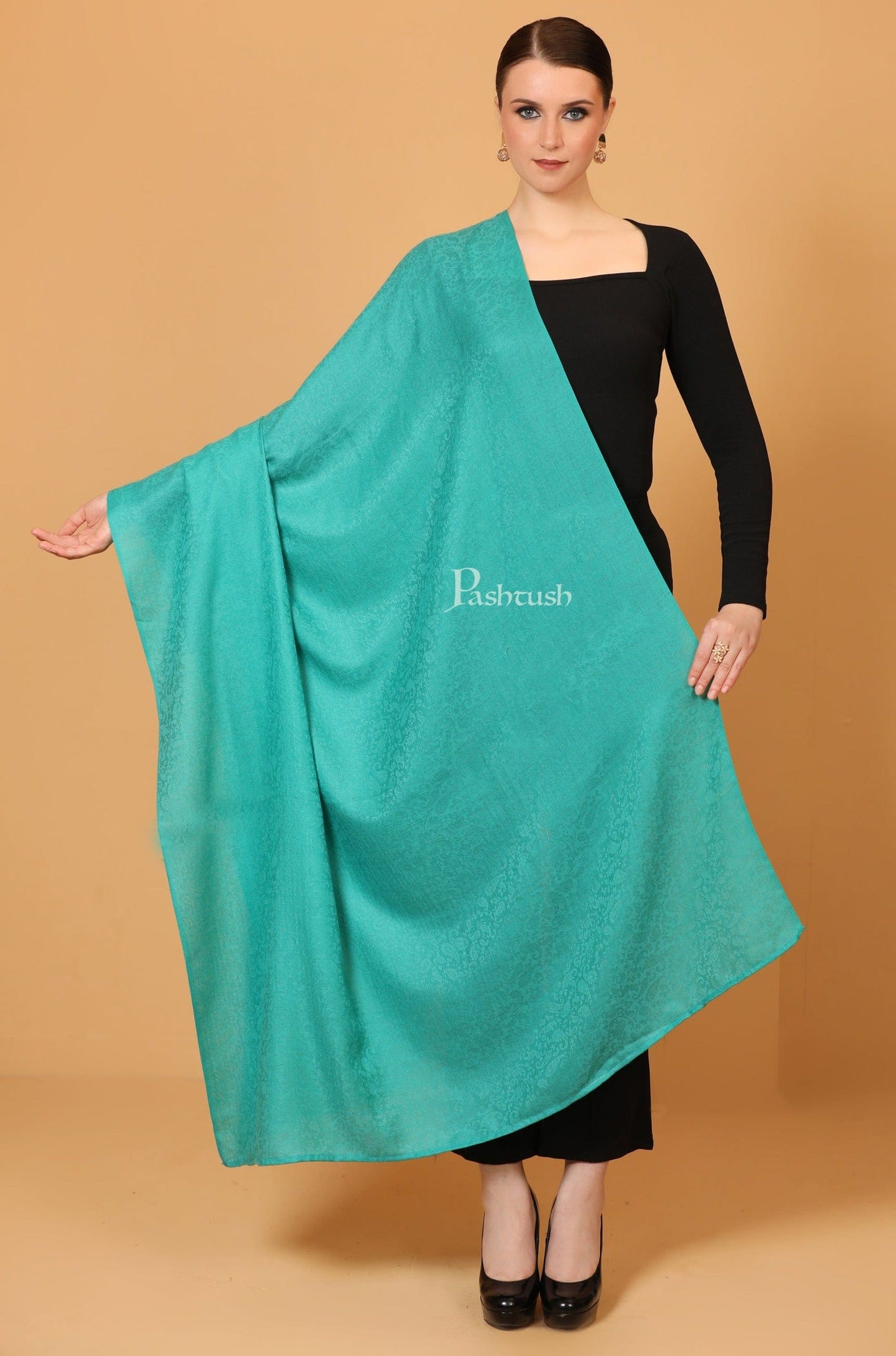 Pashtush India Womens Shawls Pashtush Womens Fine Wool Shawl, Self Paisley Weave, Extra Soft, Warm and Light, Arabic Green