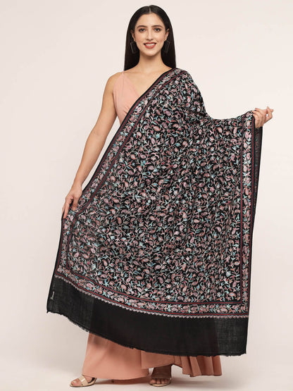 Pashtush India Womens Shawls Pashtush womens Fine Wool shawl, Silky Thread Hand Embroidery, Black