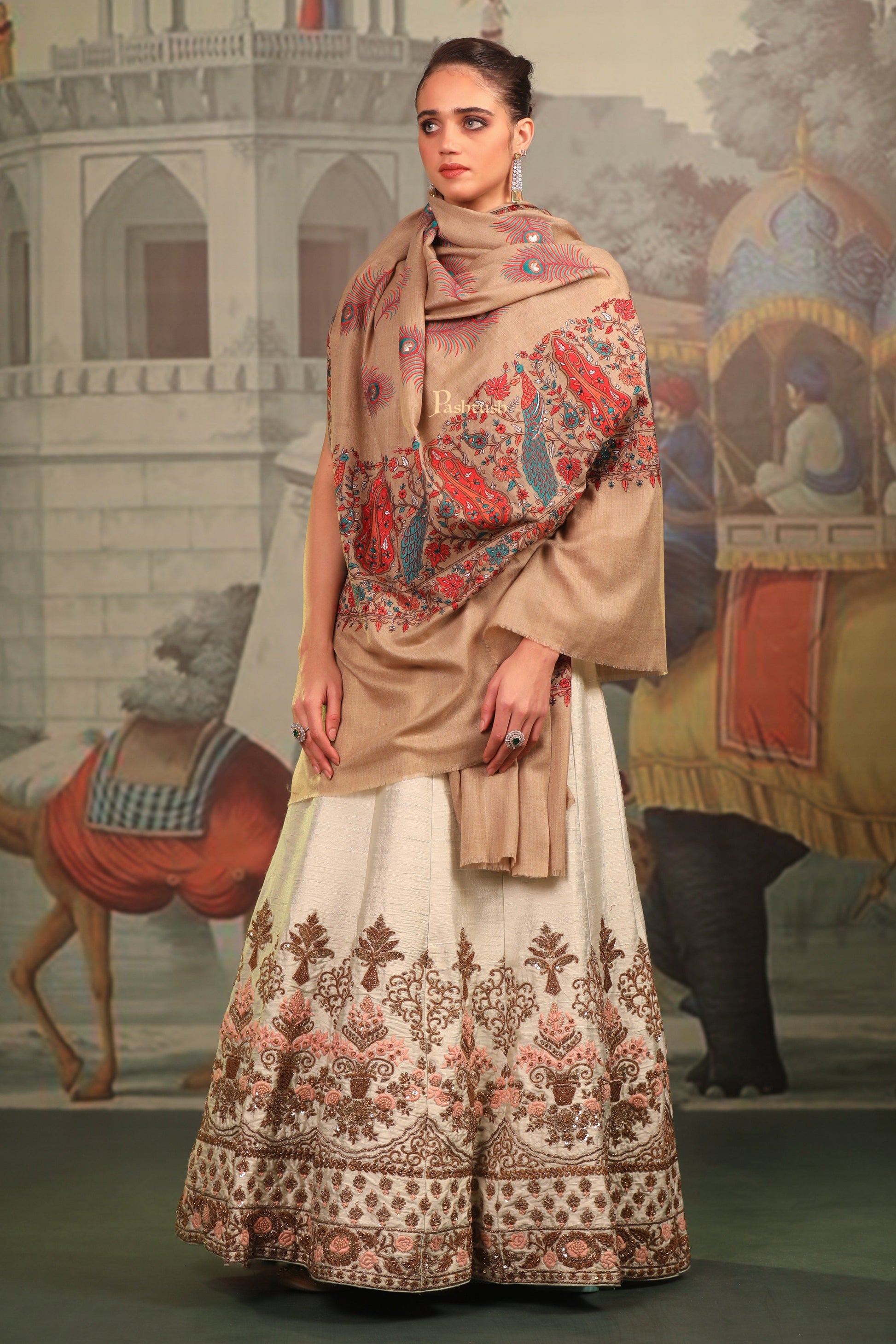 Pashtush India Womens Shawls Pashtush Womens Fine Wool Shawl, Tilla Work Peacock Design, Beige