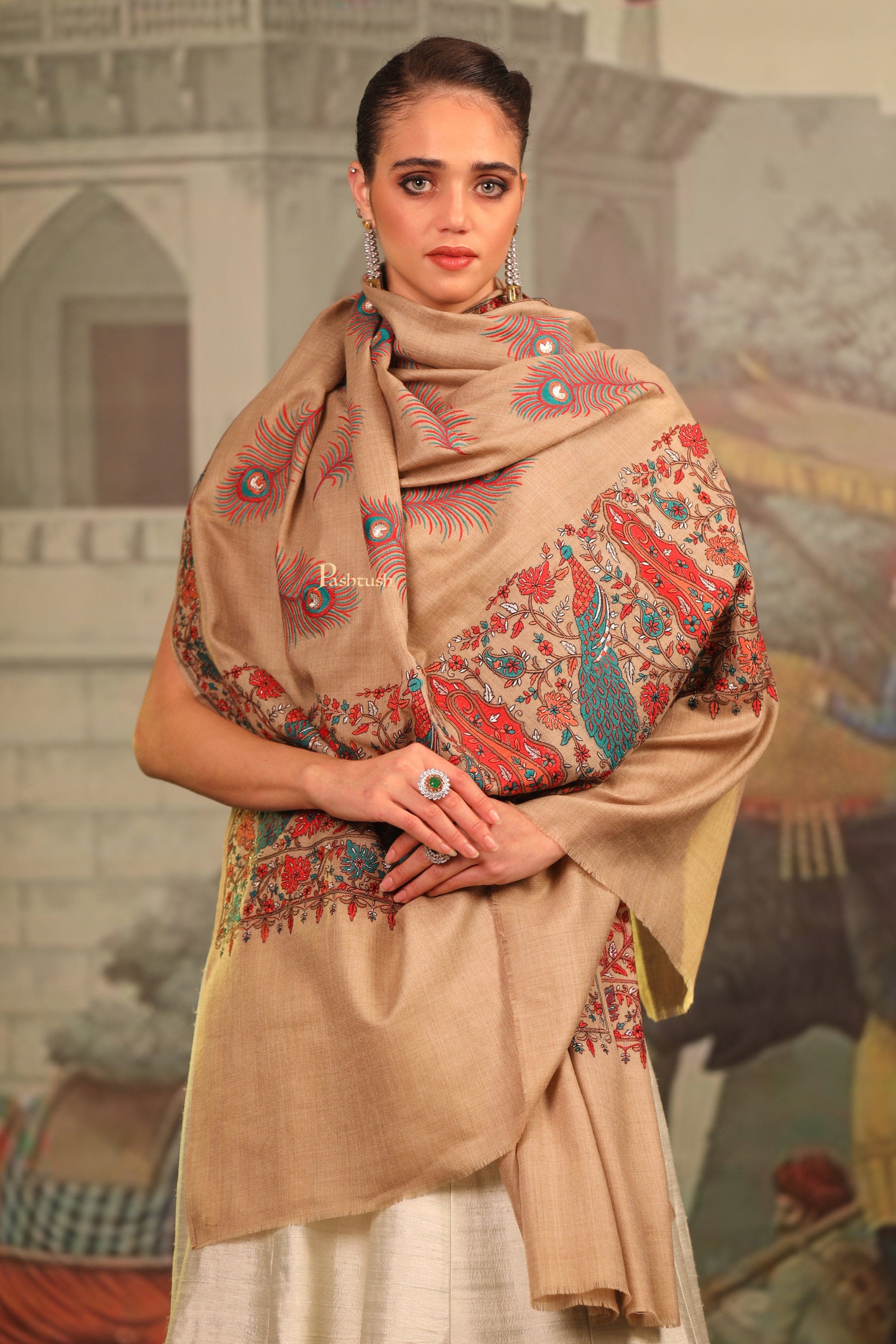 Pashtush India Womens Shawls Pashtush Womens Fine Wool Shawl, Tilla Work Peacock Design, Beige