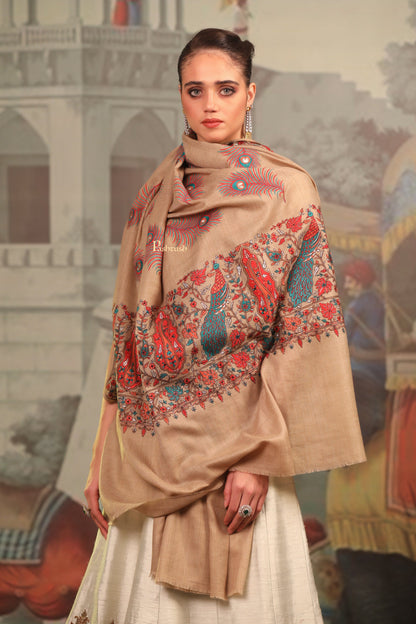 Pashtush India Womens Shawls Pashtush Womens Fine Wool Shawl, Tilla Work Peacock Design, Beige