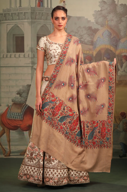 Pashtush India Womens Shawls Pashtush Womens Fine Wool Shawl, Tilla Work Peacock Design, Beige
