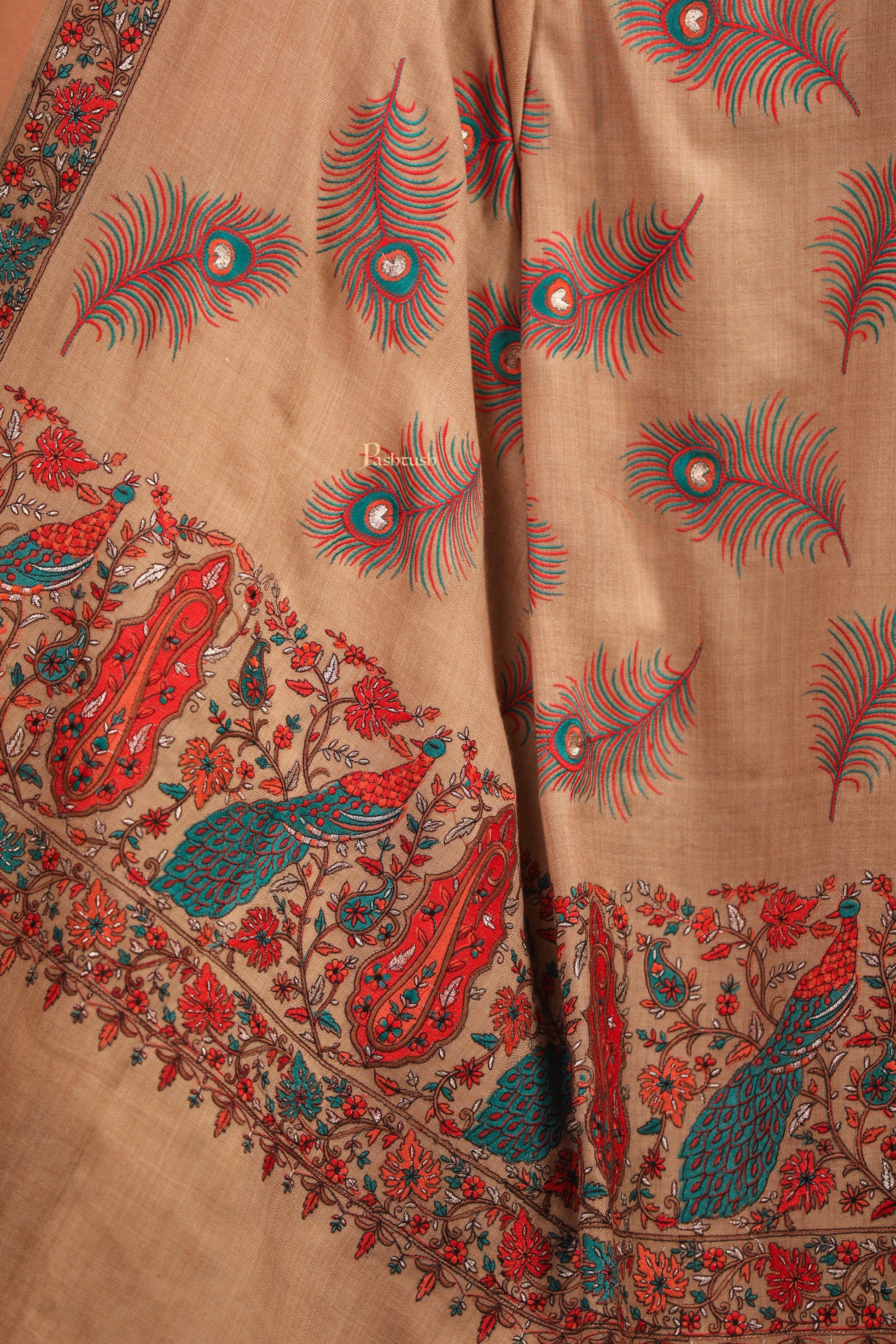 Pashtush India Womens Shawls Pashtush Womens Fine Wool Shawl, Tilla Work Peacock Design, Beige