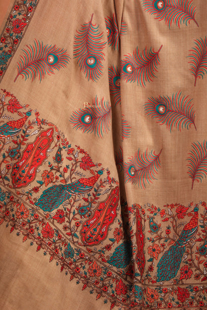 Pashtush India Womens Shawls Pashtush Womens Fine Wool Shawl, Tilla Work Peacock Design, Beige