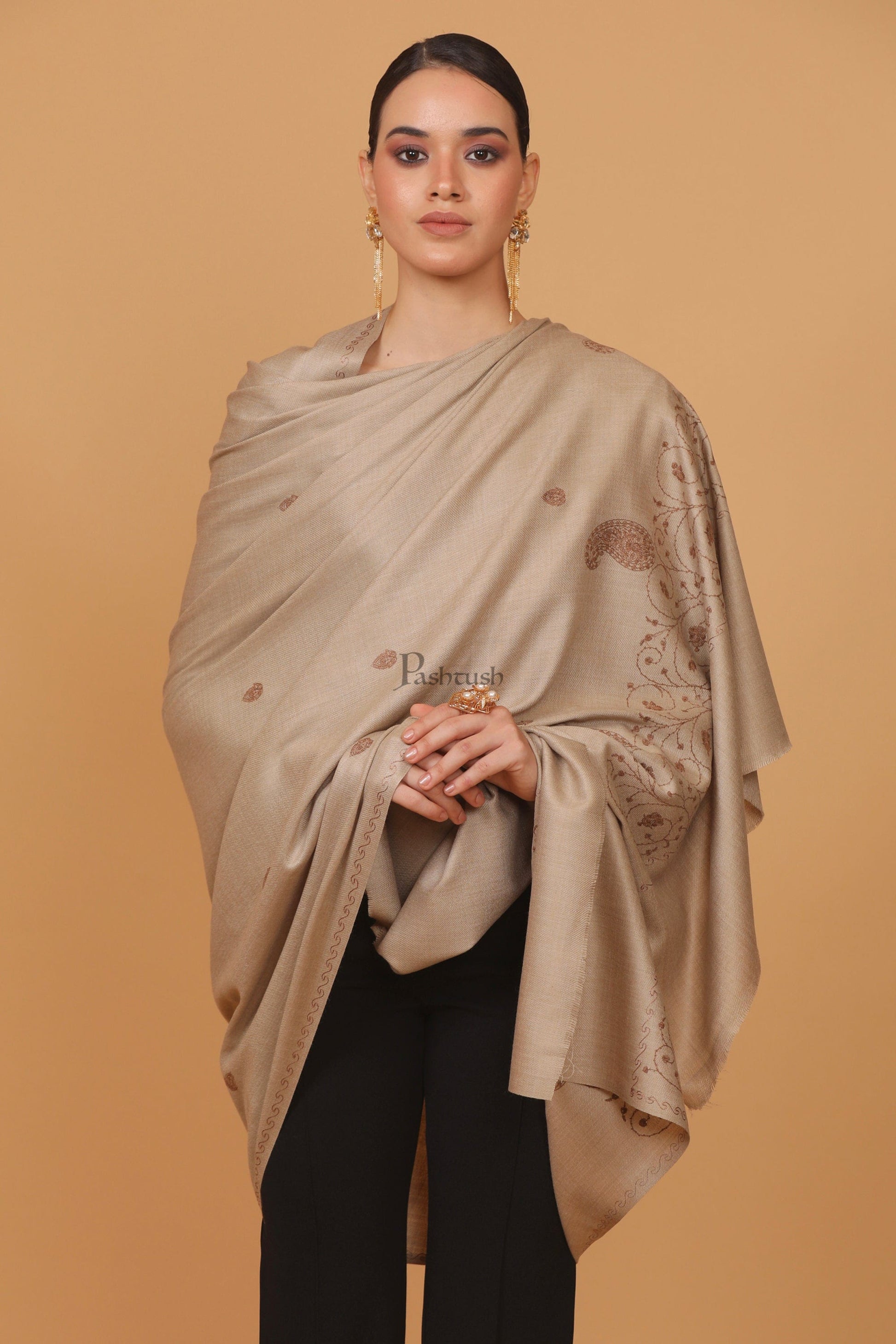 Pashtush India Womens Stoles and Scarves Scarf Pashtush womens Fine Wool shawl, tone and tone embroidery palla design, Beige