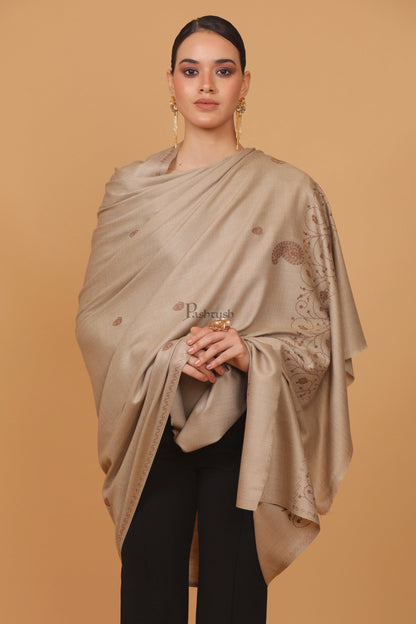 Pashtush India Womens Stoles and Scarves Scarf Pashtush womens Fine Wool shawl, tone and tone embroidery palla design, Beige