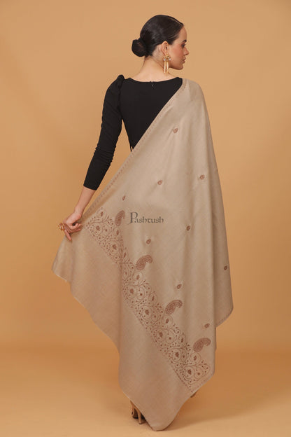 Pashtush India Womens Stoles and Scarves Scarf Pashtush womens Fine Wool shawl, tone and tone embroidery palla design, Beige