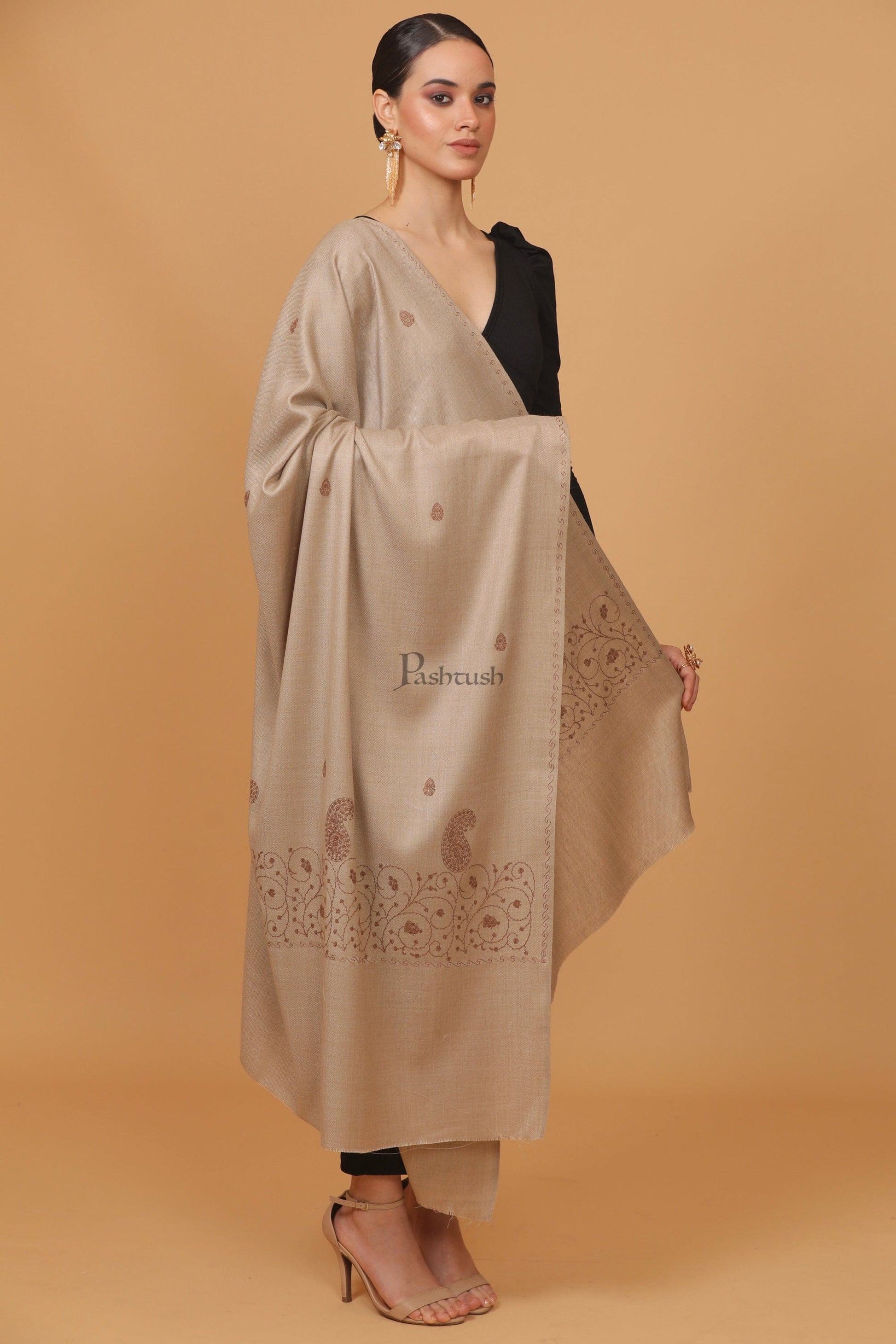Pashtush India Womens Stoles and Scarves Scarf Pashtush womens Fine Wool shawl, tone and tone embroidery palla design, Beige