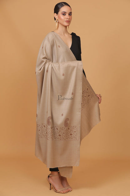 Pashtush India Womens Stoles and Scarves Scarf Pashtush womens Fine Wool shawl, tone and tone embroidery palla design, Beige