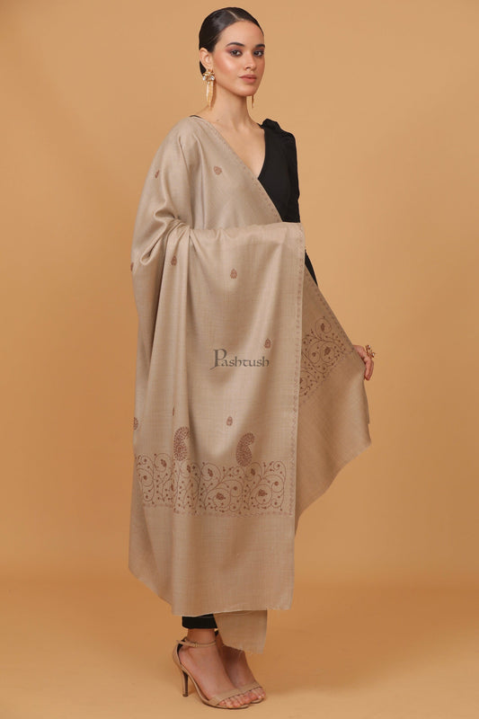 Pashtush India Womens Stoles and Scarves Scarf Pashtush womens Fine Wool shawl, tone and tone embroidery palla design, Beige