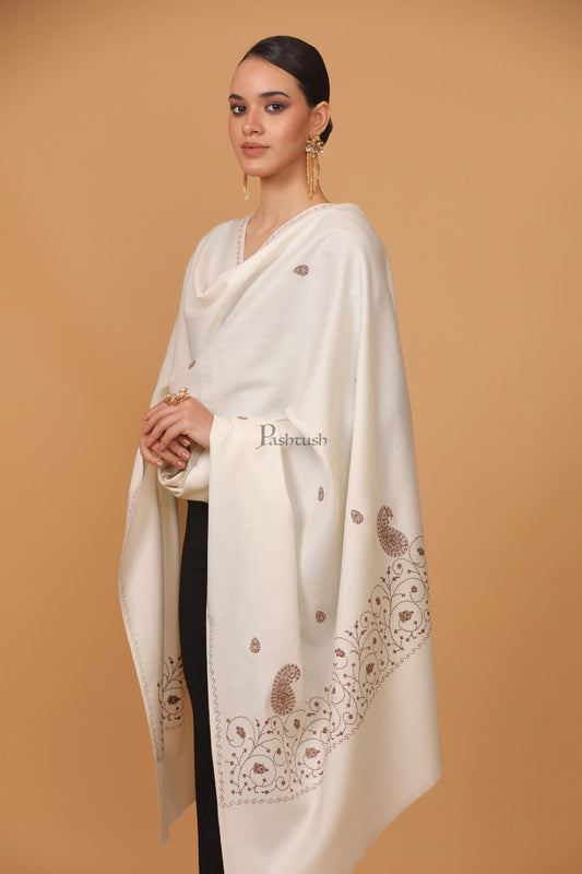 Pashtush India Womens Stoles and Scarves Scarf Pashtush womens Fine Wool shawl, tone and tone embroidery palla design, Ivory