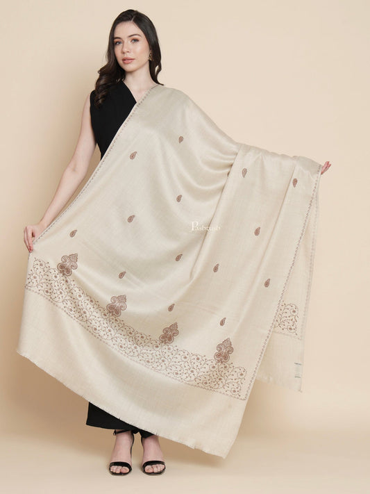 Pashtush India Womens Stoles and Scarves Scarf Pashtush womens Fine Wool shawl, tone and tone palla embroidery paisley design, Beige