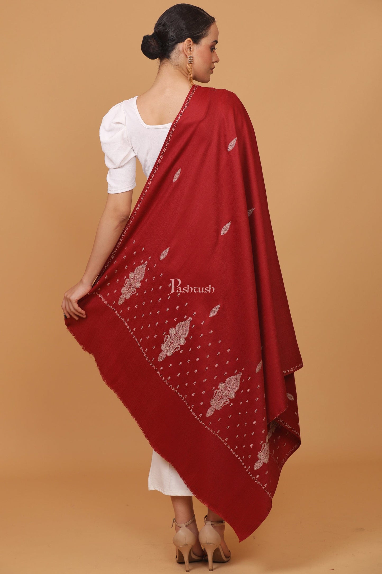 Pashtush India Womens Stoles and Scarves Scarf Pashtush womens Fine Wool shawl, tone and tone palla embroidery paisley design, Maroon