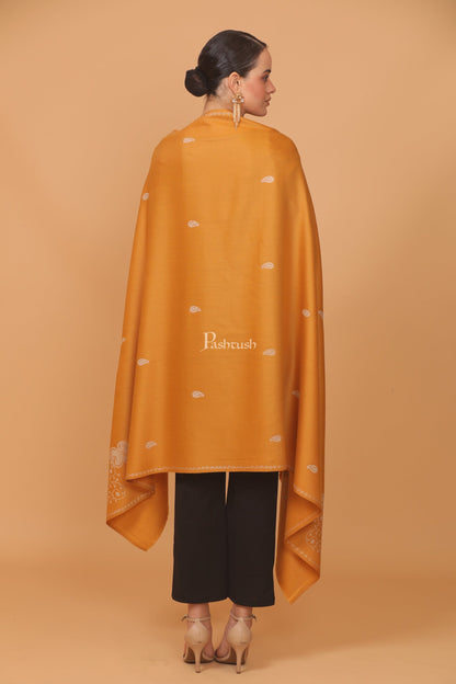 Pashtush India Womens Stoles and Scarves Scarf Pashtush womens Fine Wool shawl, tone and tone palla embroidery paisley design, Mustard