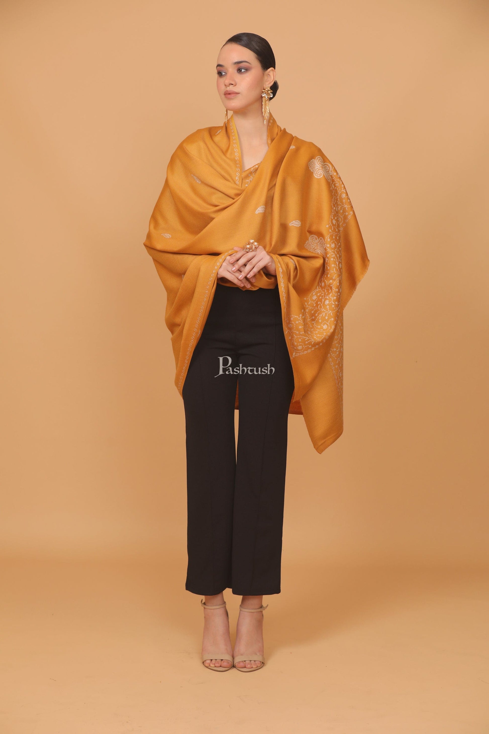 Pashtush India Womens Stoles and Scarves Scarf Pashtush womens Fine Wool shawl, tone and tone palla embroidery paisley design, Mustard