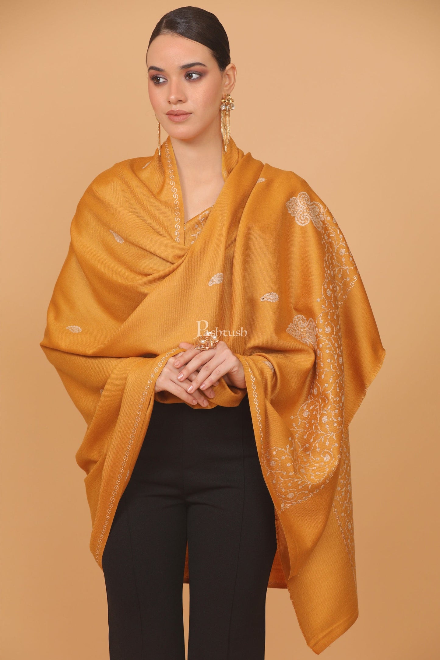 Pashtush India Womens Stoles and Scarves Scarf Pashtush womens Fine Wool shawl, tone and tone palla embroidery paisley design, Mustard