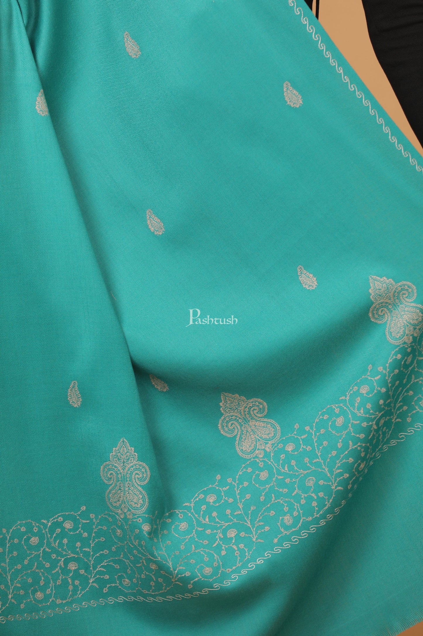 Pashtush India Womens Stoles and Scarves Scarf Pashtush womens Fine Wool shawl, tone and tone palla embroidery paisley design, Seagreen
