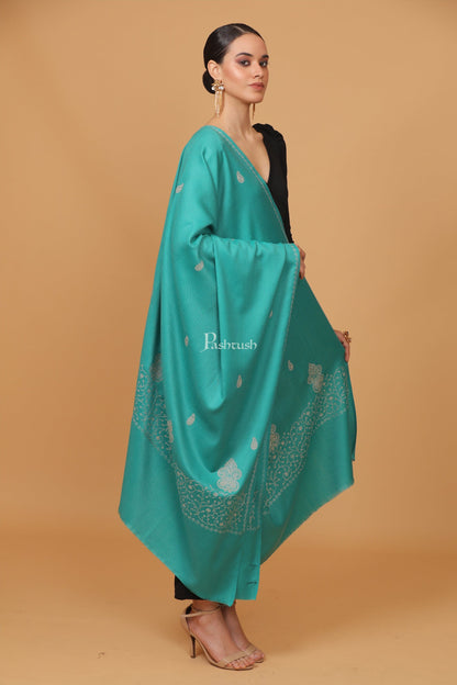 Pashtush India Womens Stoles and Scarves Scarf Pashtush womens Fine Wool shawl, tone and tone palla embroidery paisley design, Seagreen