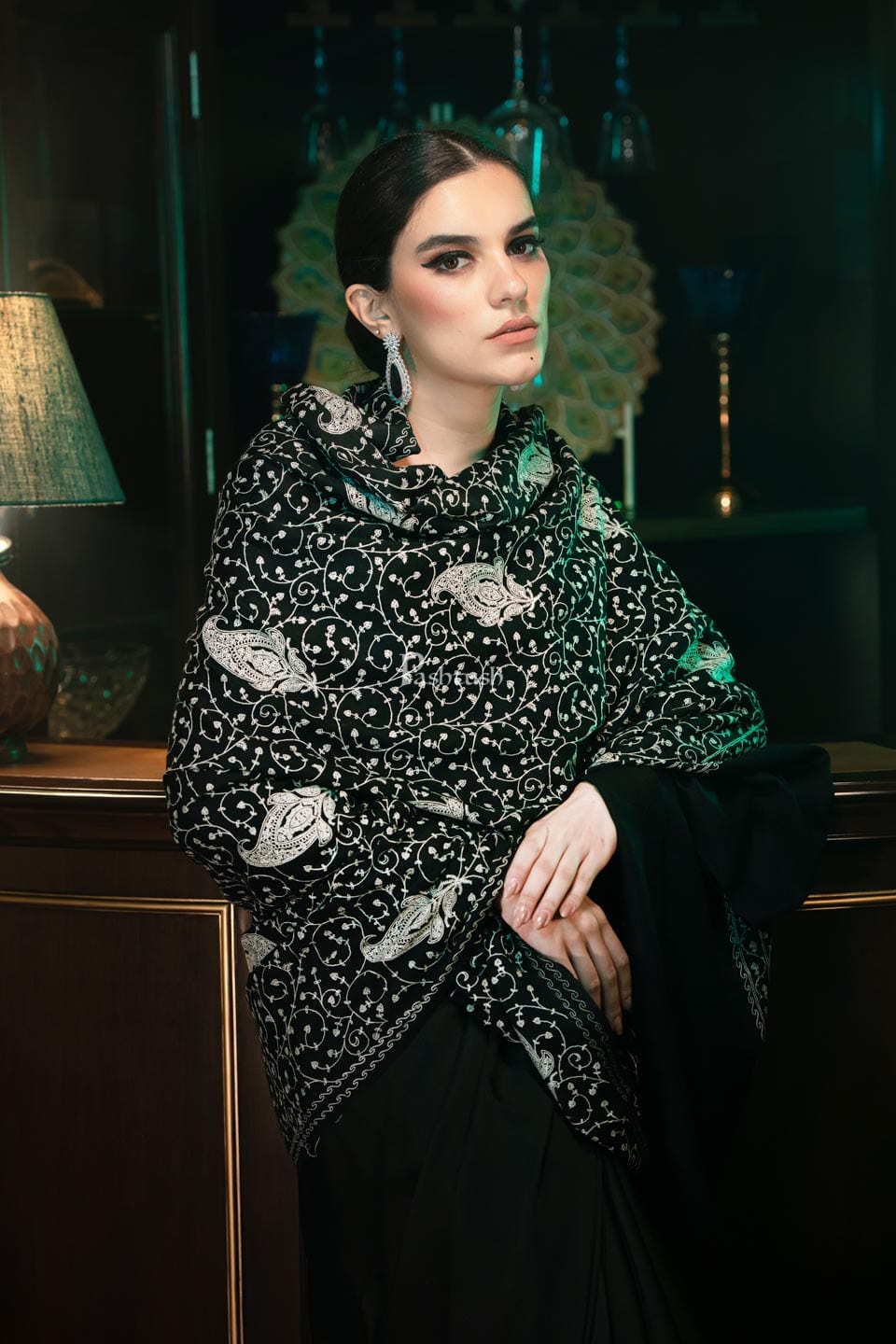 Pashtush India Womens Shawls Pashtush womens Fine Wool Shawl, tone on tone embroidery design, Black