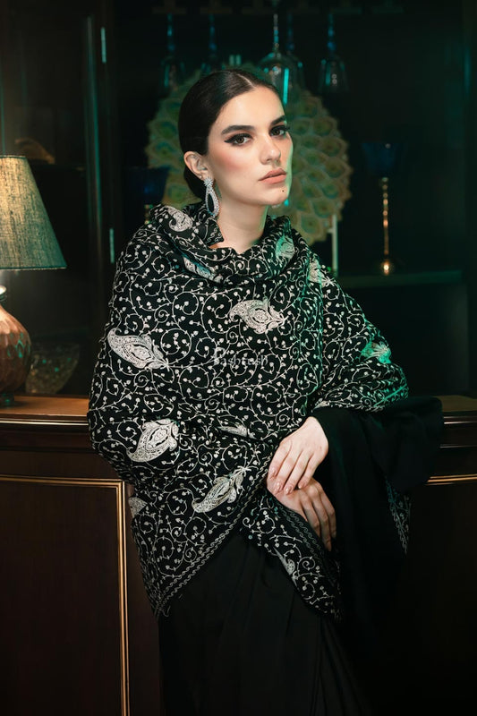 Pashtush India Womens Shawls Pashtush womens Fine Wool Shawl, tone on tone embroidery design, Black