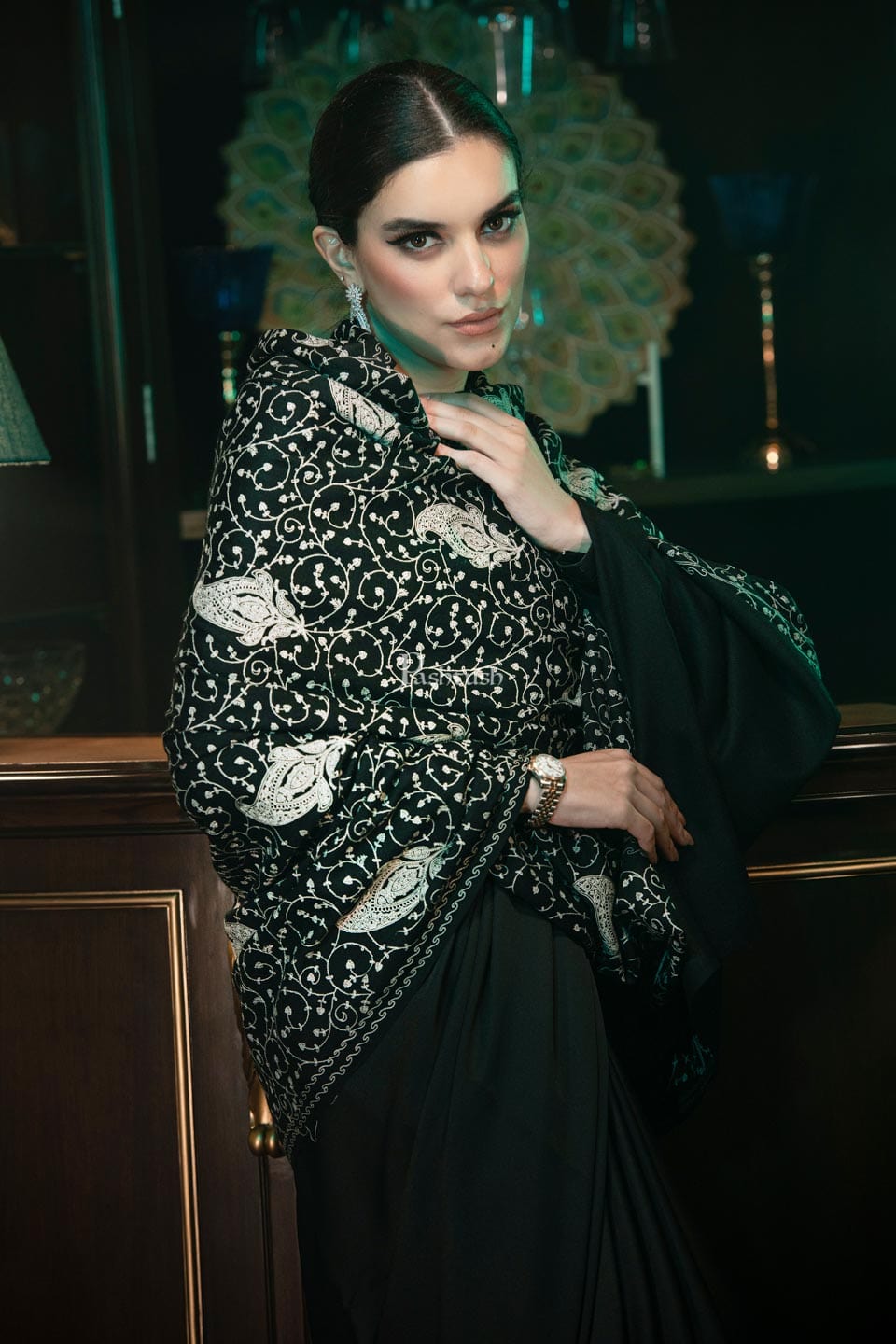Pashtush India Womens Shawls Pashtush womens Fine Wool Shawl, tone on tone embroidery design, Black