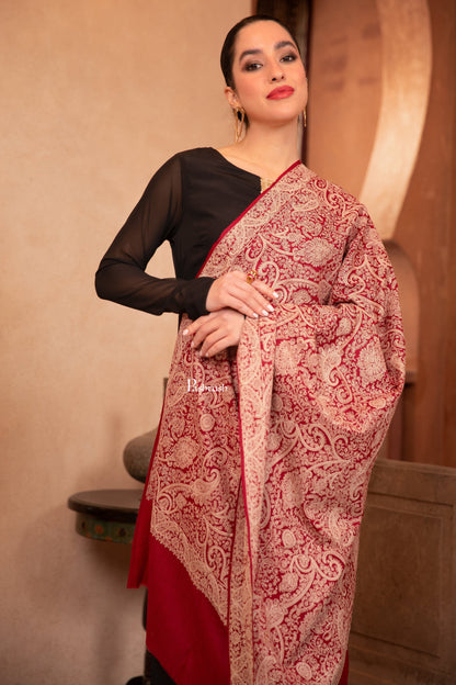 Pashtush India Womens Shawls Pashtush Womens Fine Wool Shawl, Tone On Tone Heavy Jaal Embroidery Design, Maroon