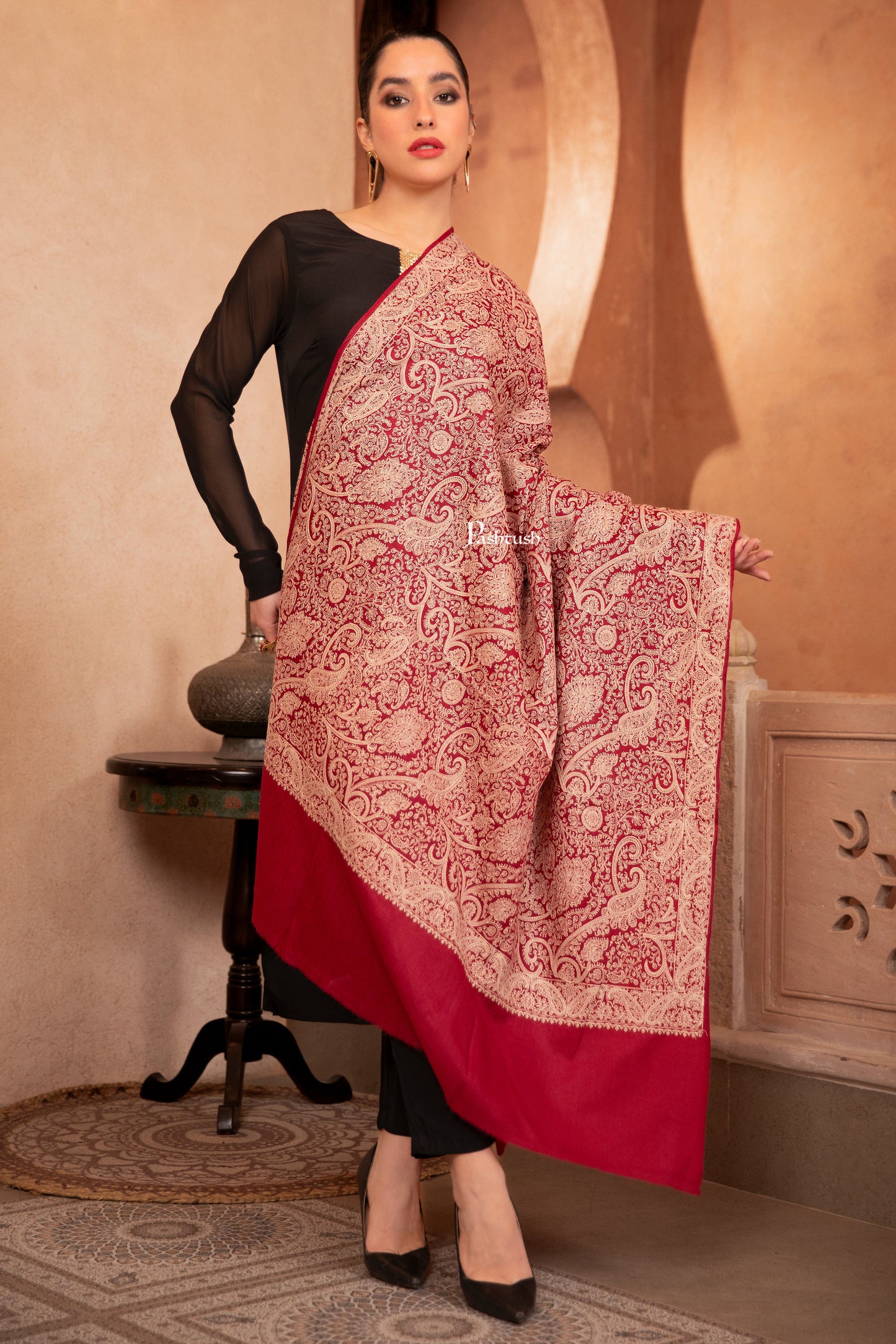 Pashtush India Womens Shawls Pashtush Womens Fine Wool Shawl, Tone On Tone Heavy Jaal Embroidery Design, Maroon