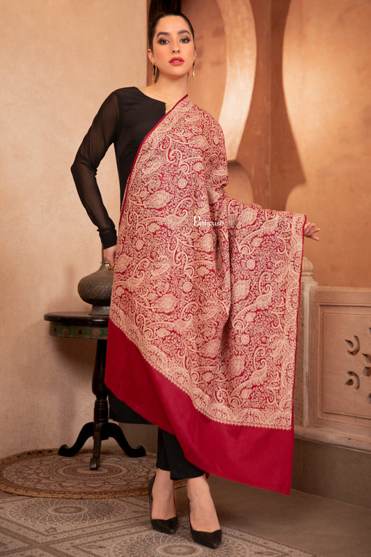 Pashtush India Womens Shawls Pashtush Womens Fine Wool Shawl, Tone On Tone Heavy Jaal Embroidery Design, Maroon