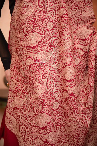 Pashtush India Womens Shawls Pashtush Womens Fine Wool Shawl, Tone On Tone Heavy Jaal Embroidery Design, Maroon