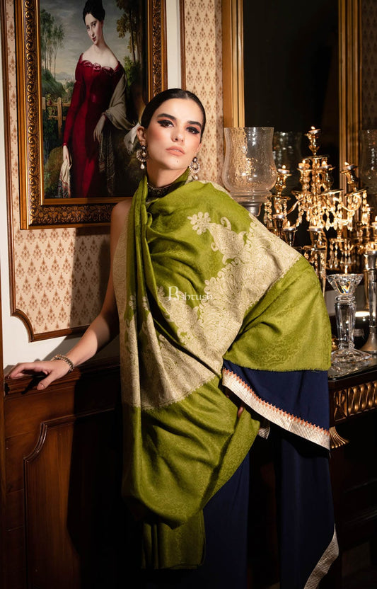 Pashtush India Womens Shawls Pashtush womens Fine Wool shawl, Tone on Tone Palla Embroidery design, green
