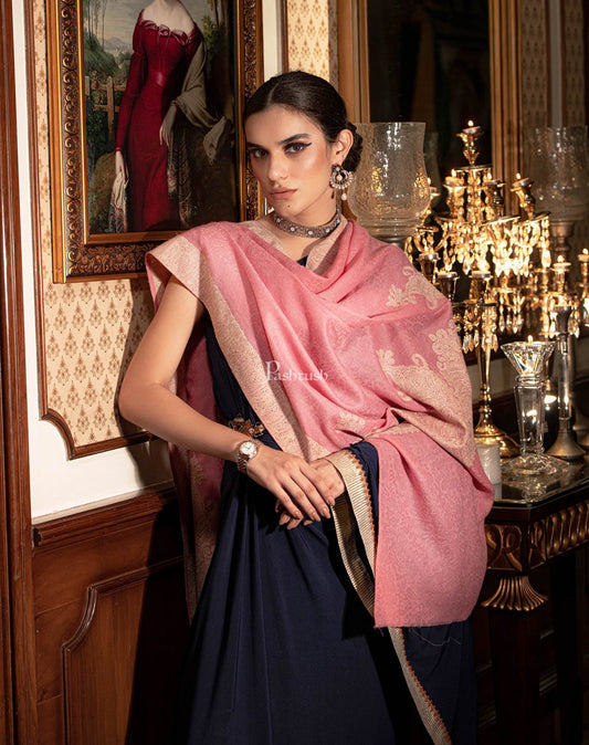 Pashtush India Womens Shawls Pashtush womens Fine Wool shawl, Tone on Tone Palla Embroidery design, Light Pink