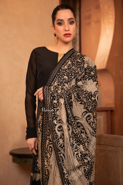 Pashtush India Womens Shawls Pashtush Womens Fine Wool Shawl, Tone On Tone Sangeen Jaal Embroidery Design, Black