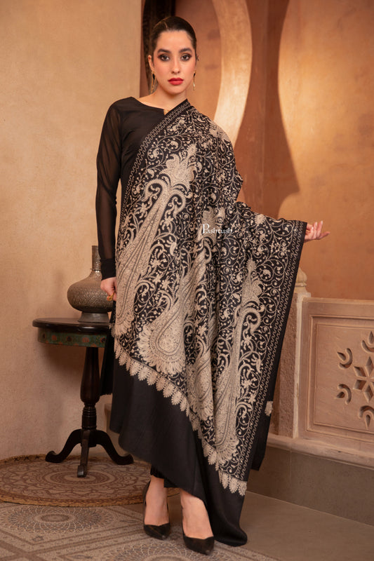Pashtush India Womens Shawls Pashtush Womens Fine Wool Shawl, Tone On Tone Sangeen Jaal Embroidery Design, Black