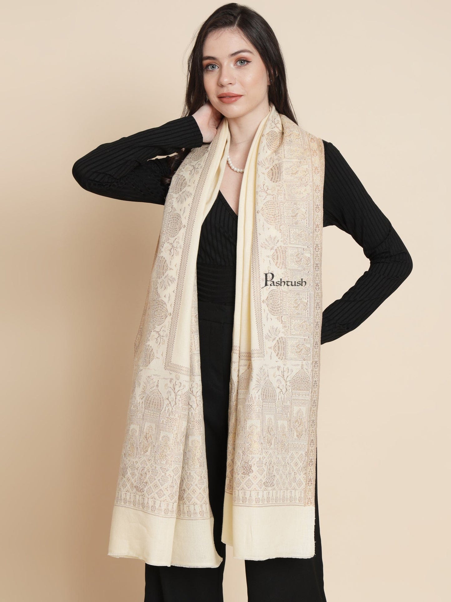 Pashtush India Womens Shawls Pashtush Womens Fine Wool Shawl, Twilight Collection, Persian Palace Dreams Design, Ivory