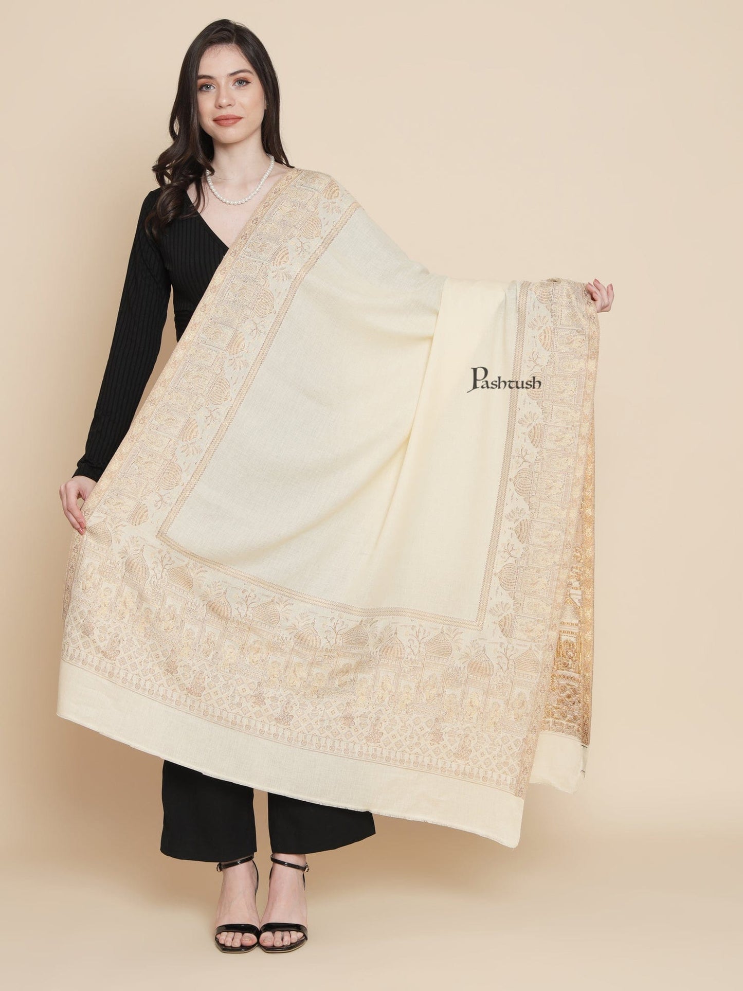 Pashtush India Womens Shawls Pashtush Womens Fine Wool Shawl, Twilight Collection, Persian Palace Dreams Design, Ivory